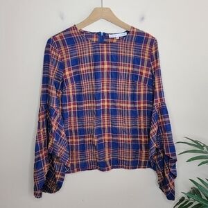 English Factory | Navy Maroon Mustard Plaid Top with Statement Bell Sleeves